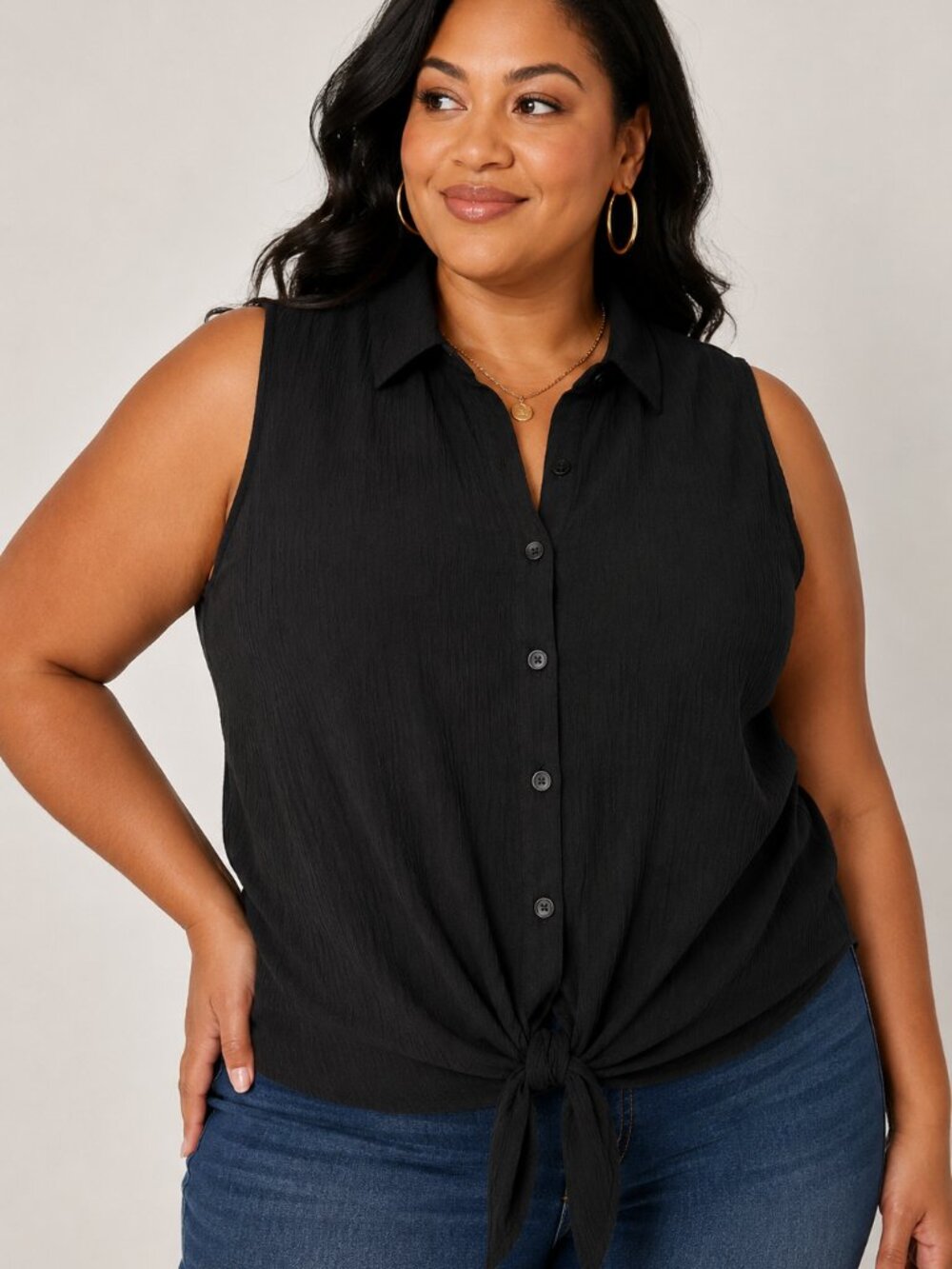 Sanctuary 2X Black Textured Tie Front Sleeveless Button Up Blouse